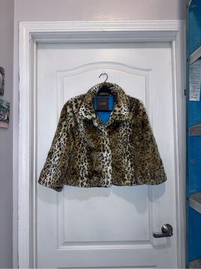 Karlie Leopard Print Faux Fur Cape Jacket - Brown and Cream